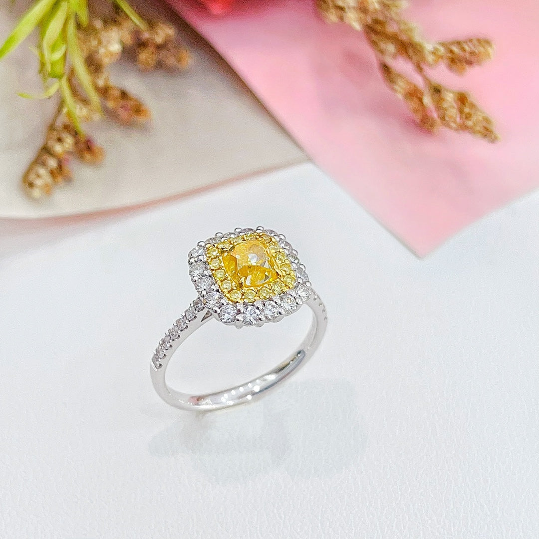 18K Gold Diamond Pillow-Shaped Halo Ring - Premium Jewelry - Yellow Diamond Ring