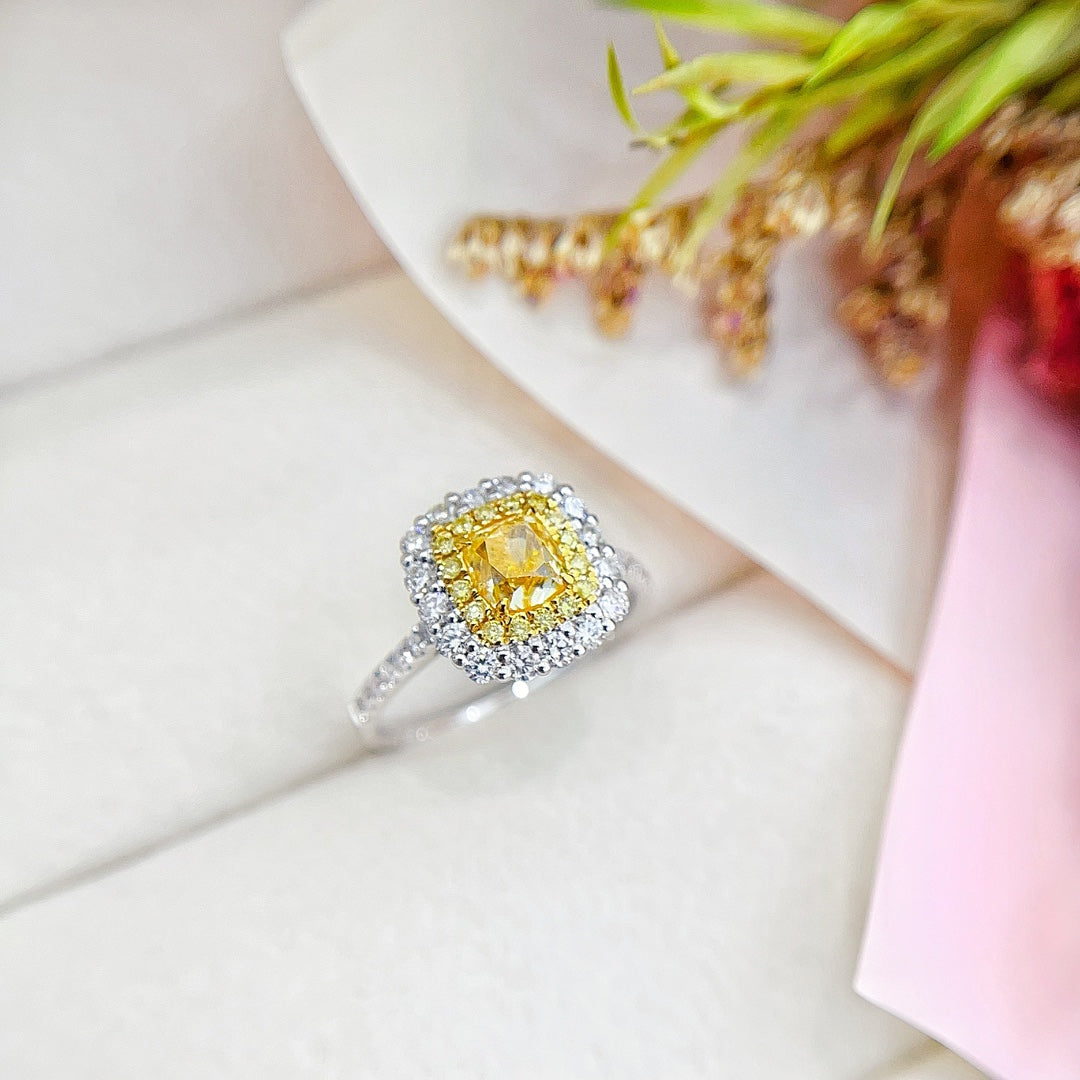 18K Gold Diamond Pillow-Shaped Halo Ring - Premium Jewelry - Yellow Diamond Ring