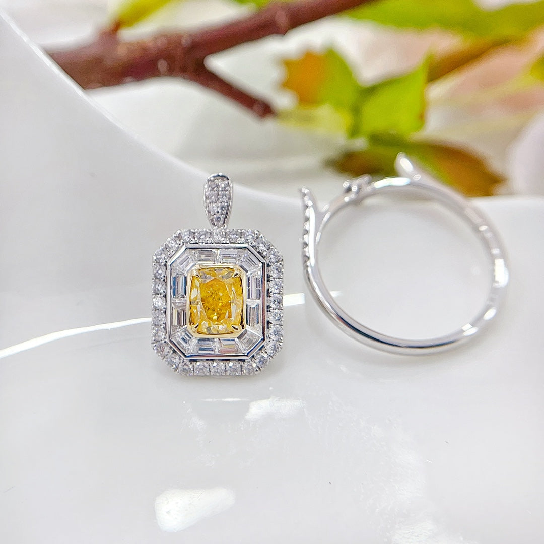 18K Gold Diamond Pillow-Shaped Halo Ring with AGL Certificate | Premium Jewelry - Yellow Diamond Ring