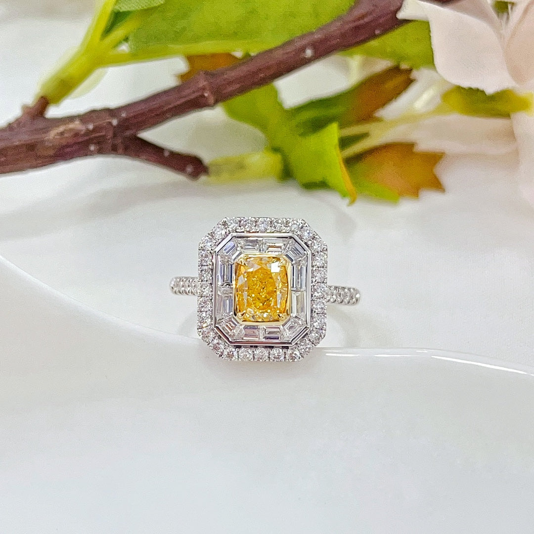 18K Gold Diamond Pillow-Shaped Halo Ring with AGL Certificate | Premium Jewelry - Yellow Diamond Ring