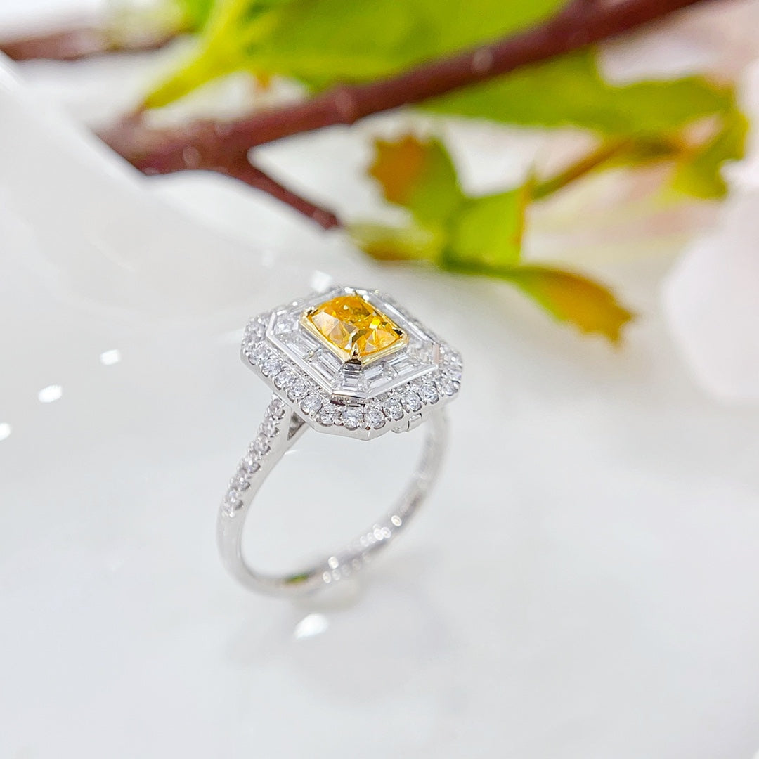 18K Gold Diamond Pillow-Shaped Halo Ring with AGL Certificate | Premium Jewelry - Yellow Diamond Ring