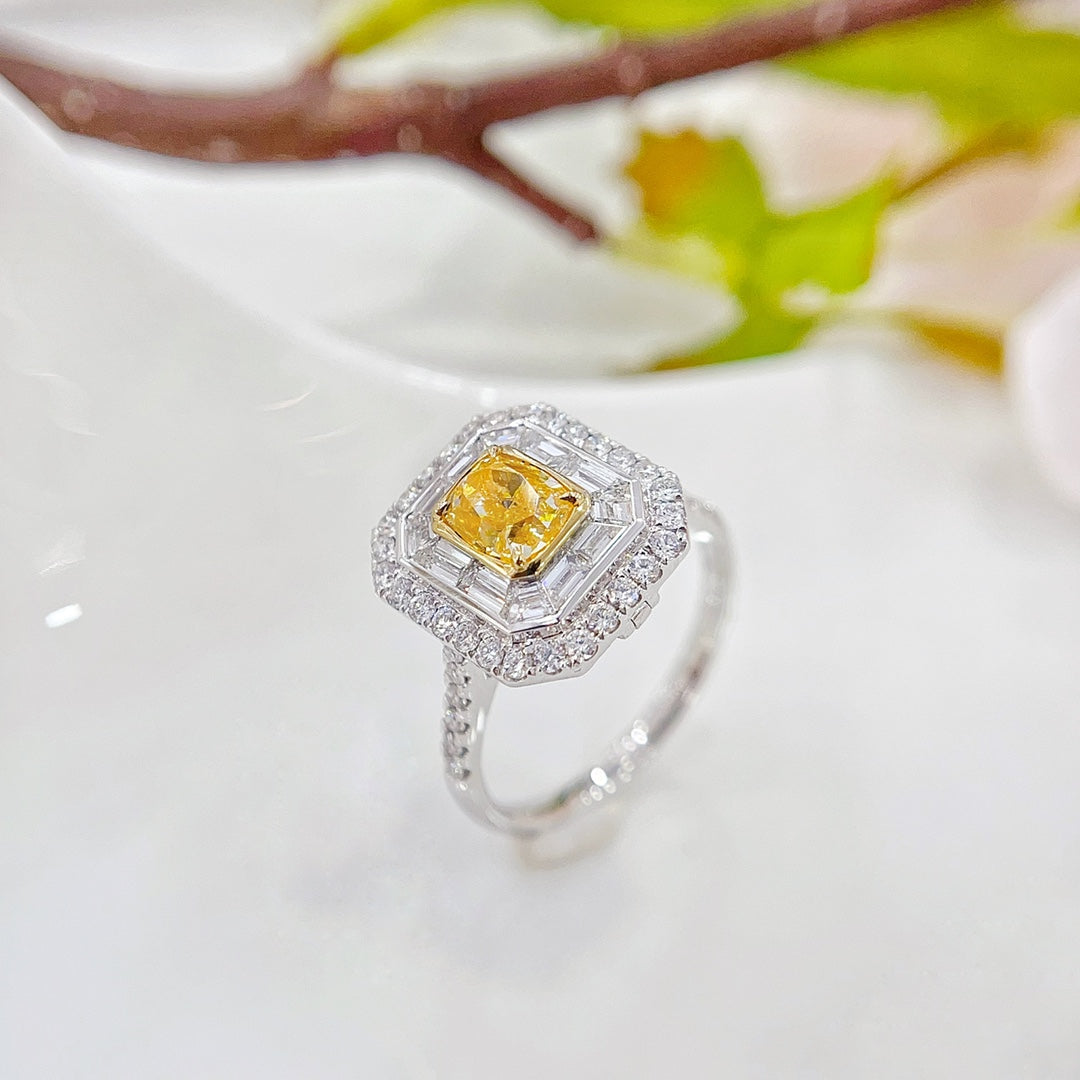 18K Gold Diamond Pillow-Shaped Halo Ring with AGL Certificate | Premium Jewelry - Yellow Diamond Ring