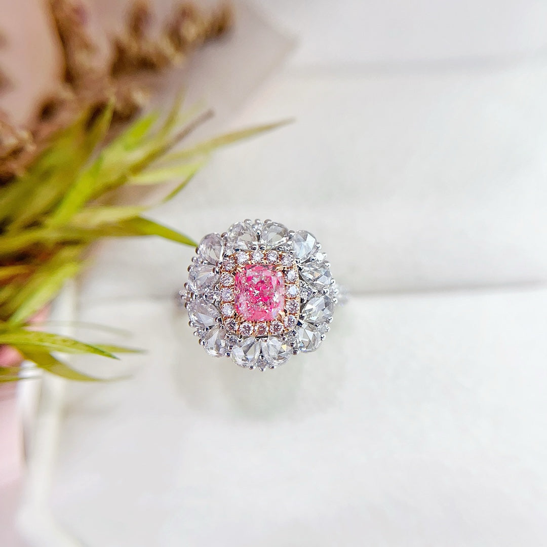 18K Gold Diamond Pillow-Shaped Ring with Dual-Wear Design - Premium Jewelry - Pink Diamond Ring