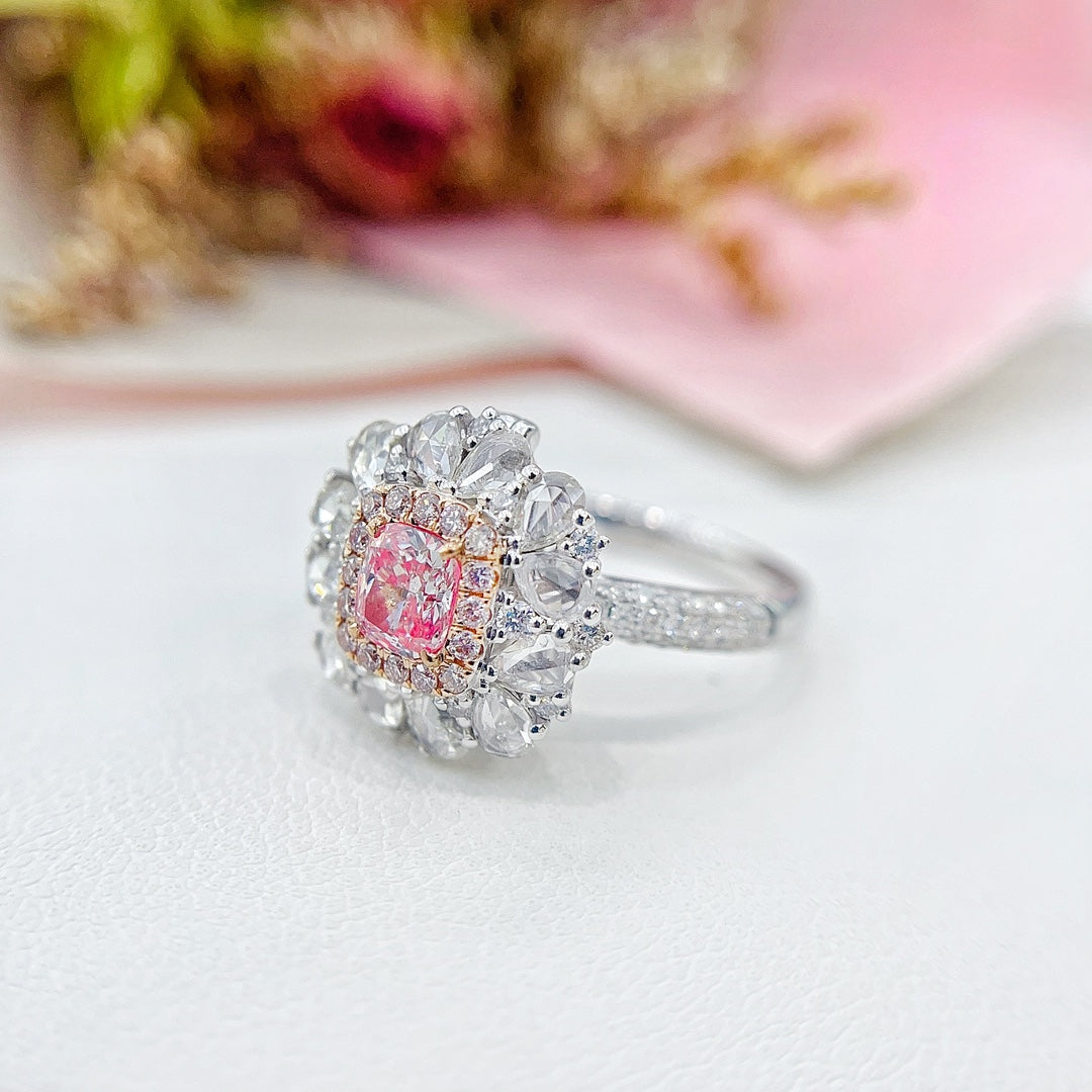 18K Gold Diamond Pillow-Shaped Ring with Dual-Wear Design - Premium Jewelry - Pink Diamond Ring