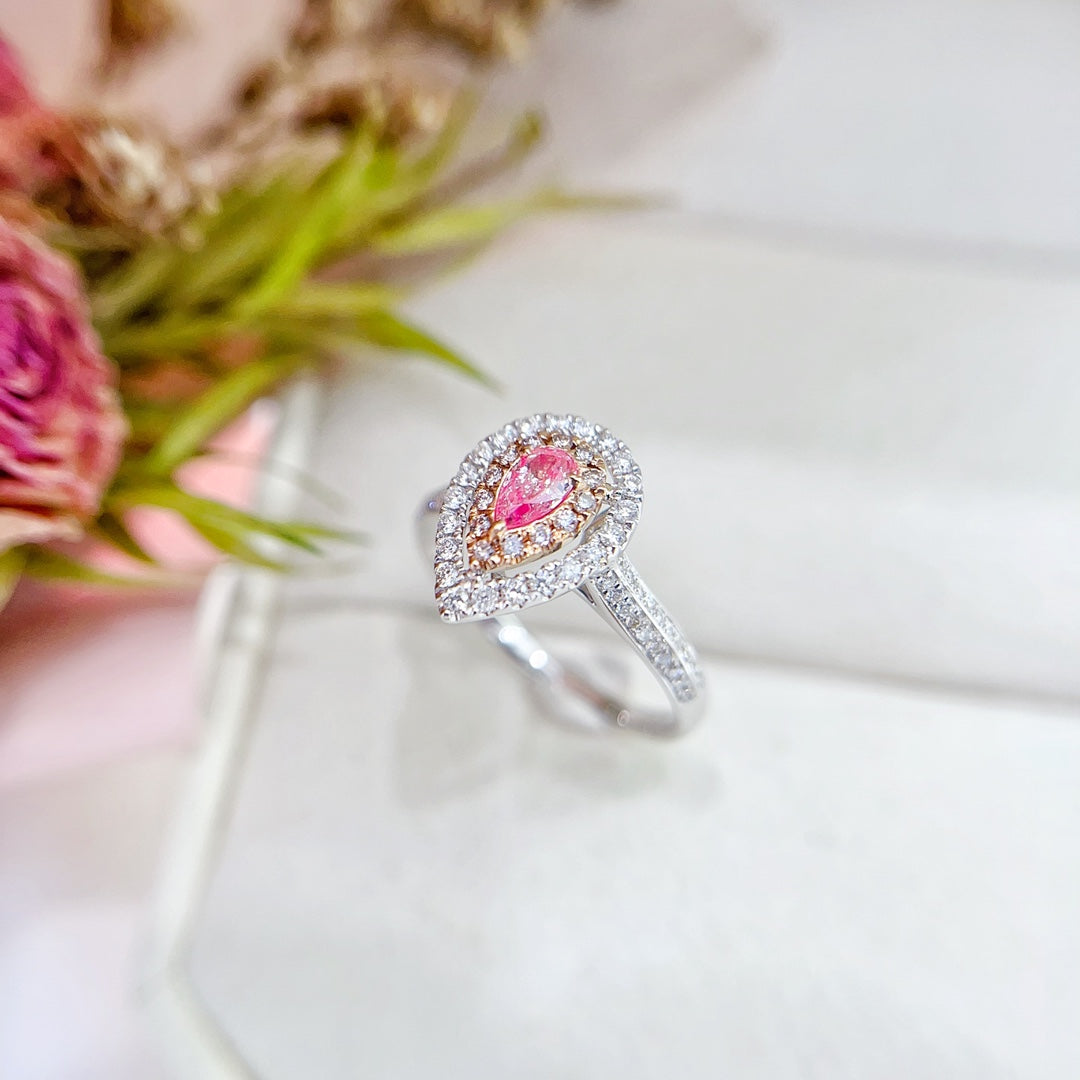 18K Gold Diamond & Pink Diamond Drop Hollow Ring - Luxury Jewelry - Pink Diamond Ring