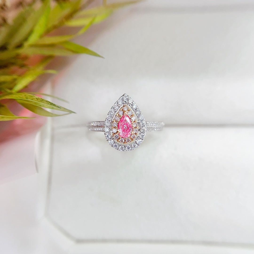 18K Gold Diamond & Pink Diamond Drop Hollow Ring - Luxury Jewelry - Pink Diamond Ring