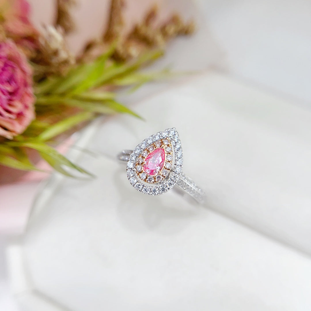 18K Gold Diamond & Pink Diamond Drop Hollow Ring - Luxury Jewelry - Pink Diamond Ring