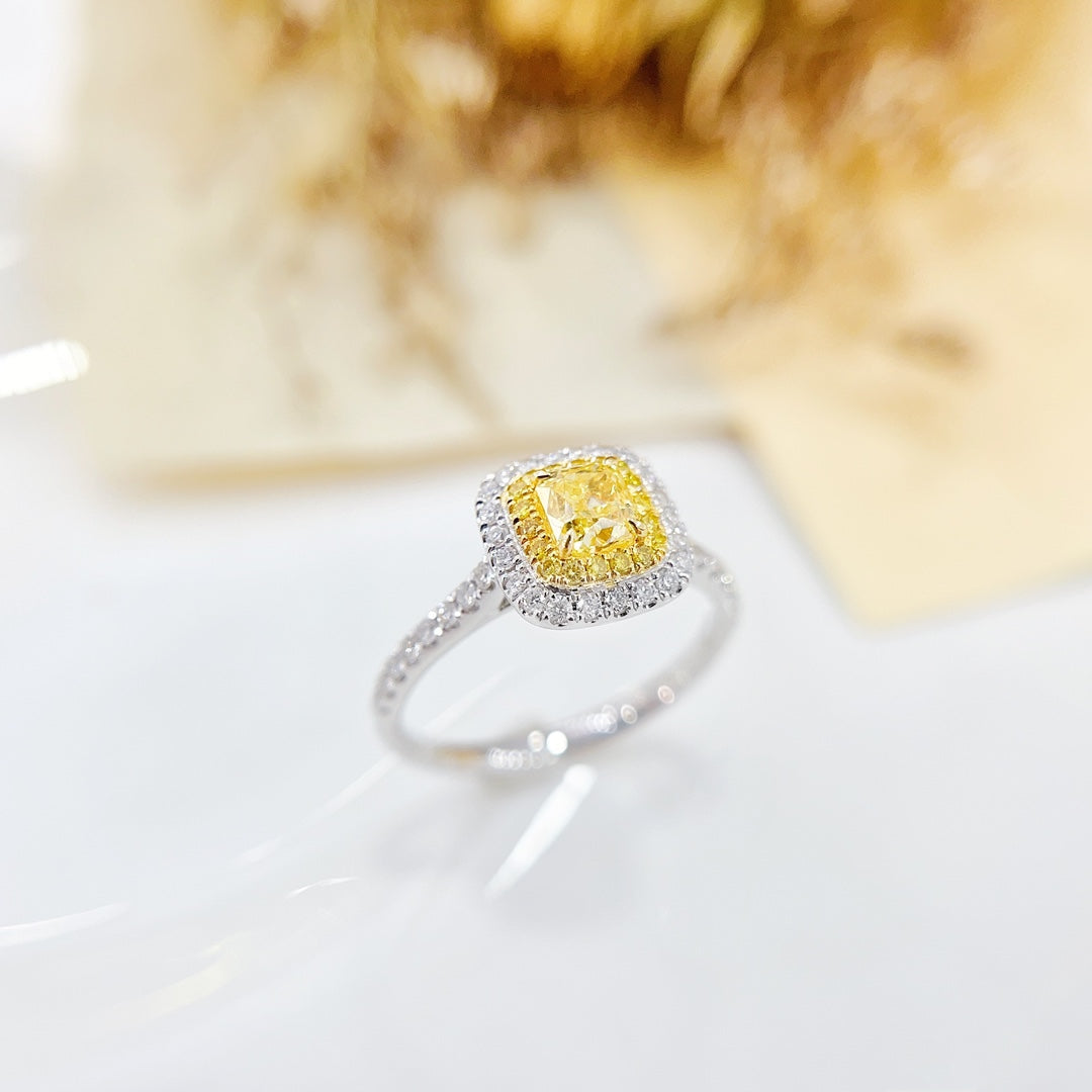 18K Gold Diamond Ring with GIA Certificate - Pillow Shape Halo Design - GIA Yellow Diamond Ring