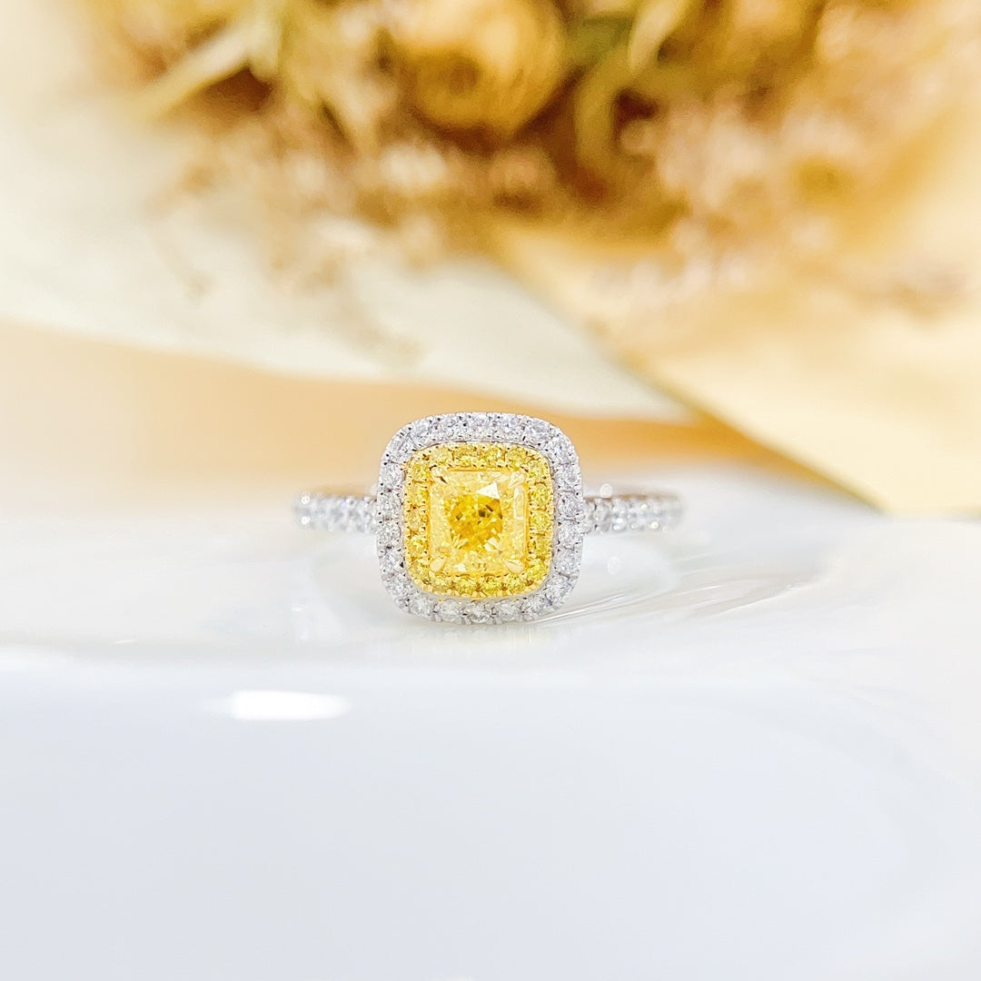 18K Gold Diamond Ring with GIA Certificate - Pillow Shape Halo Design - GIA Yellow Diamond Ring