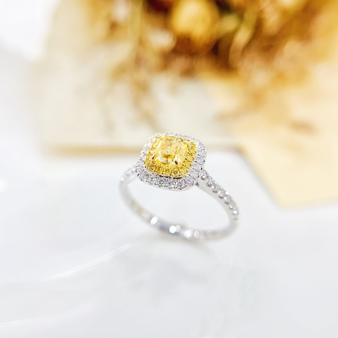 18K Gold Diamond Ring with GIA Certificate - Pillow Shape Halo Design - GIA Yellow Diamond Ring