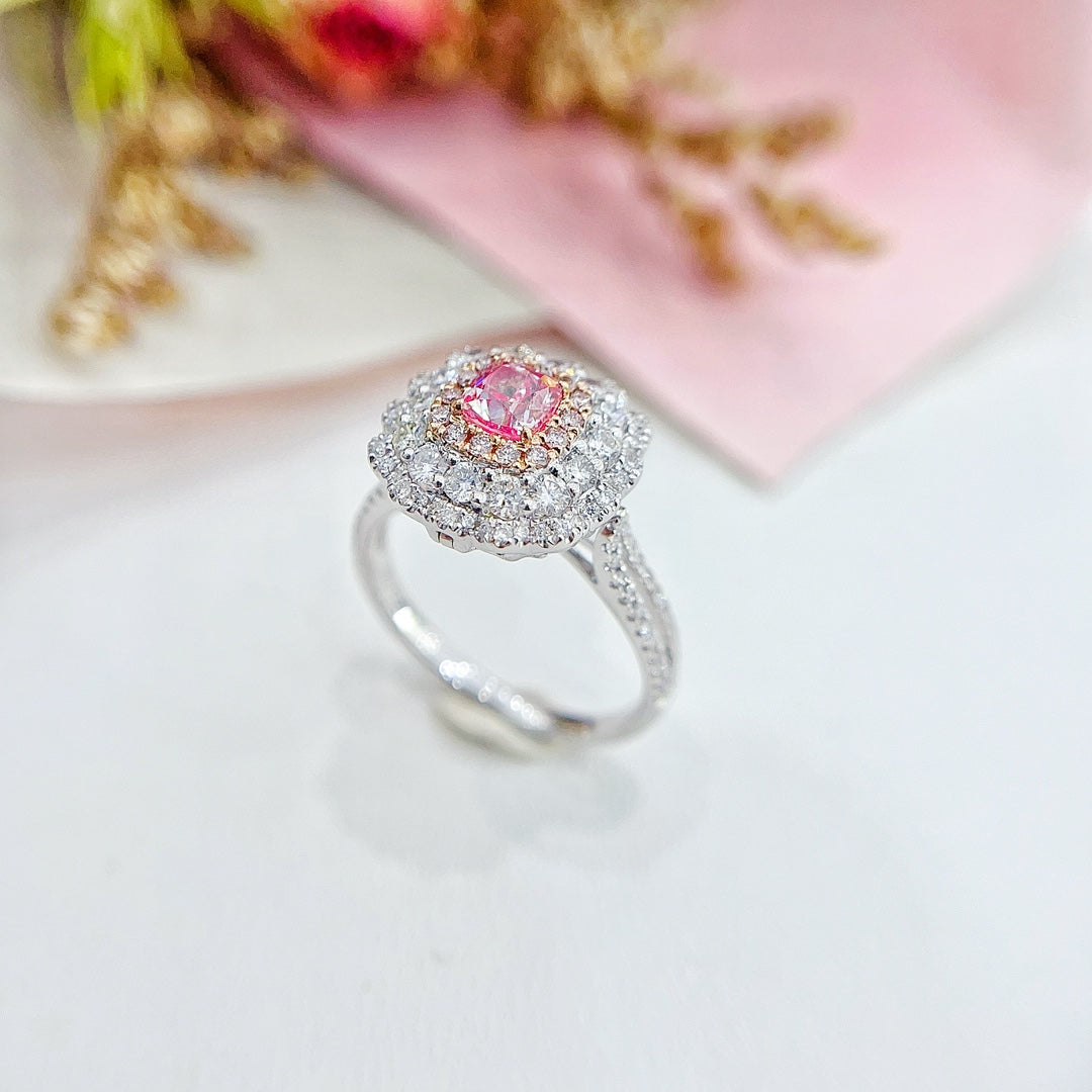 18K Gold Diamond Ring with GIA Certified Pillow-Shaped Center and Double-Wear Design - GIA Pink Diamond Ring