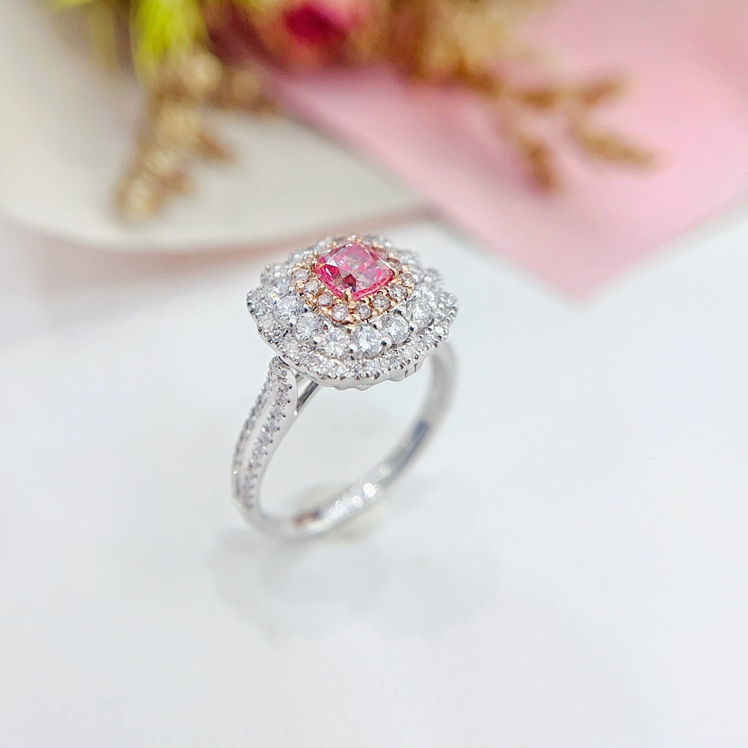 18K Gold Diamond Ring with GIA Certified Pillow-Shaped Center and Double-Wear Design - GIA Pink Diamond Ring