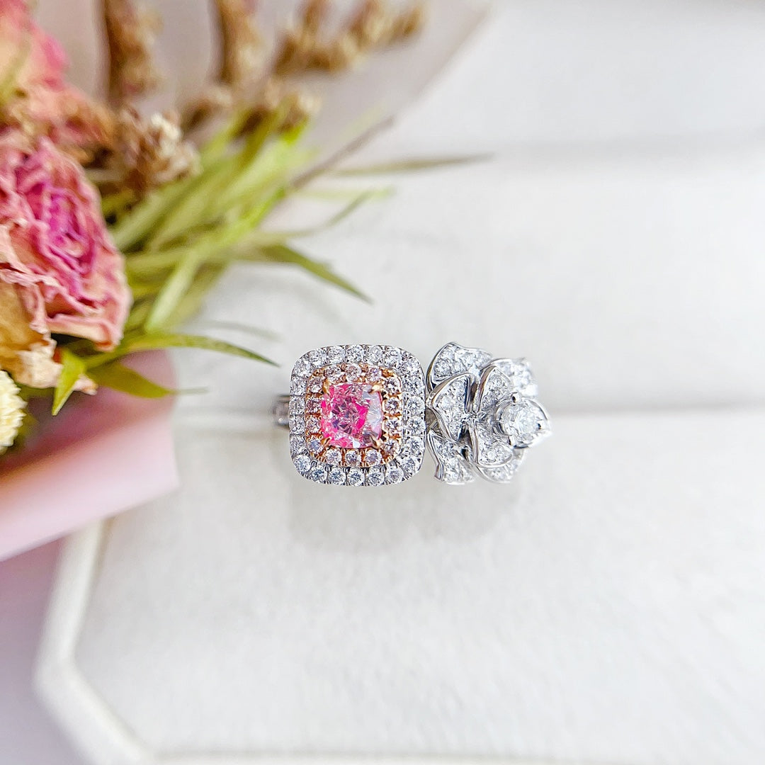 18K Gold Diamond Ring with GIA Pillow-Shaped Marquise Flower Design - GIA Pink Diamond Ring