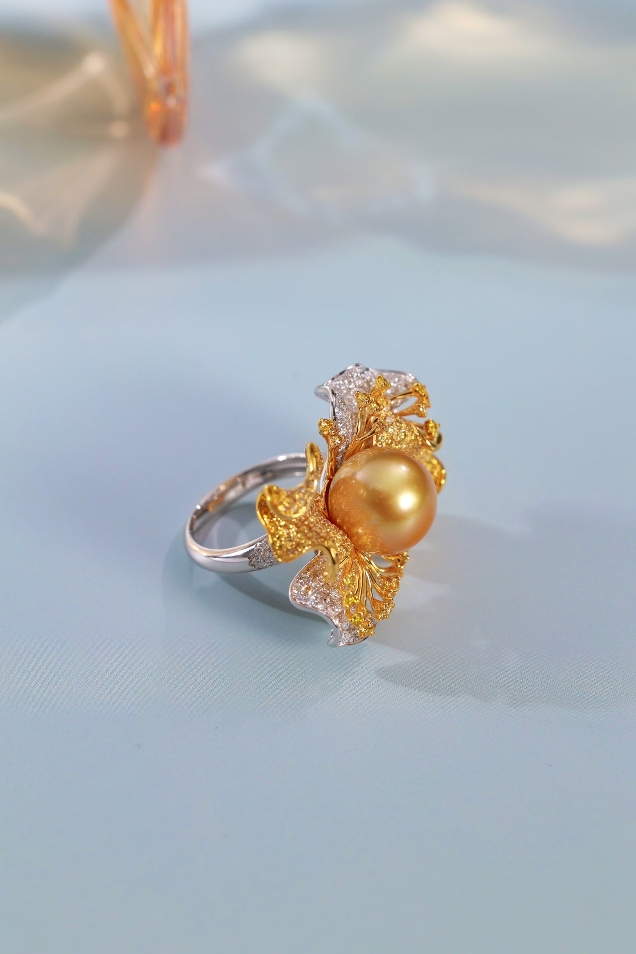 18k Gold Double-Layered Color-Separated Pearl Ring with Diamond Accents - White Diamond Ring