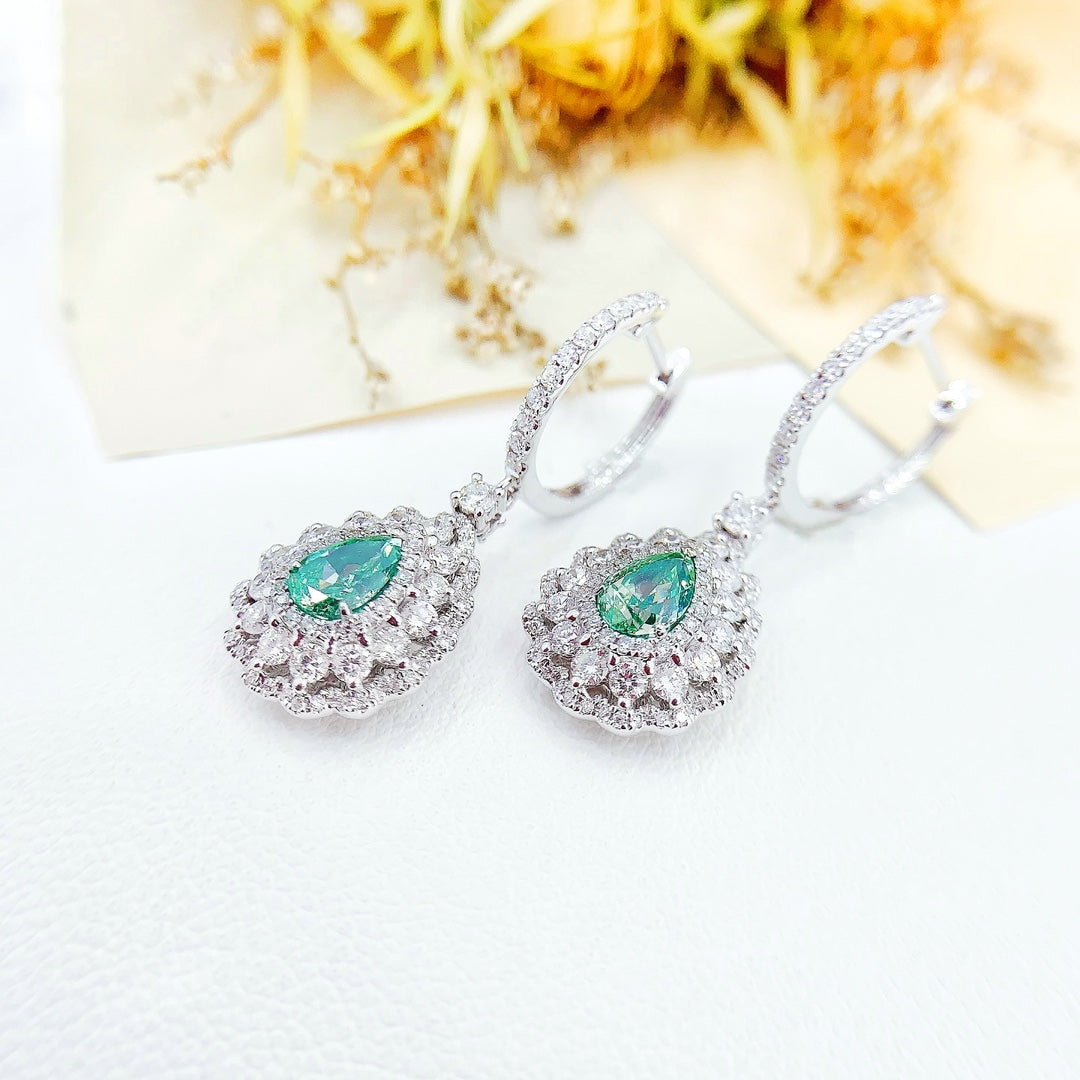 18K Gold Green Diamond Drop Earrings with Surrounding Diamonds - Luxury Jewelry Jeweler.Jewelry