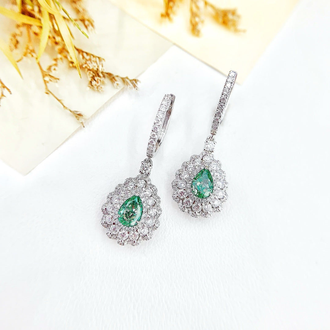 18K Gold Green Diamond Drop Earrings with Surrounding Diamonds - Luxury Jewelry Jeweler.Jewelry