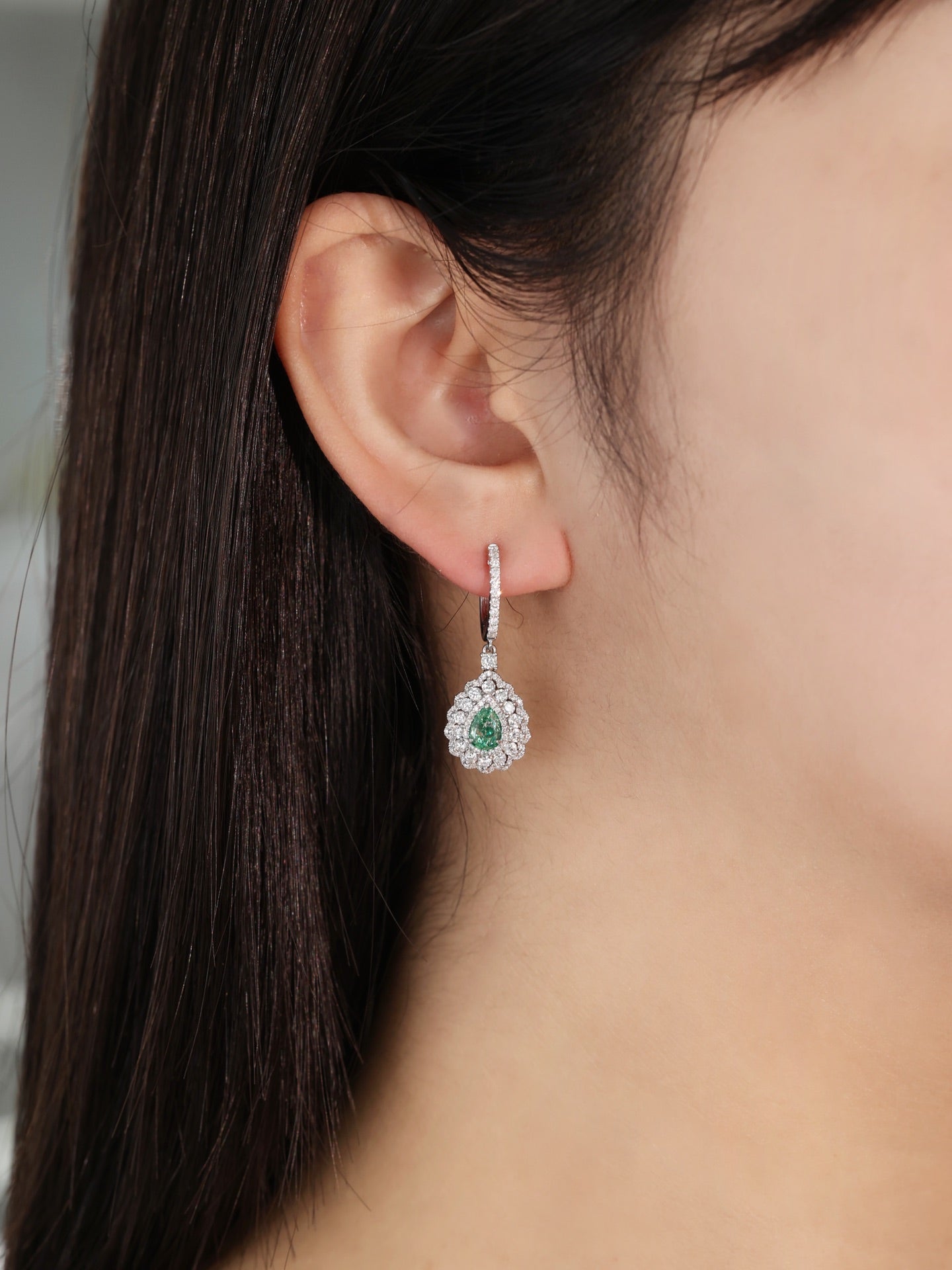 18K Gold Green Diamond Drop Earrings with Surrounding Diamonds - Luxury Jewelry Jeweler.Jewelry