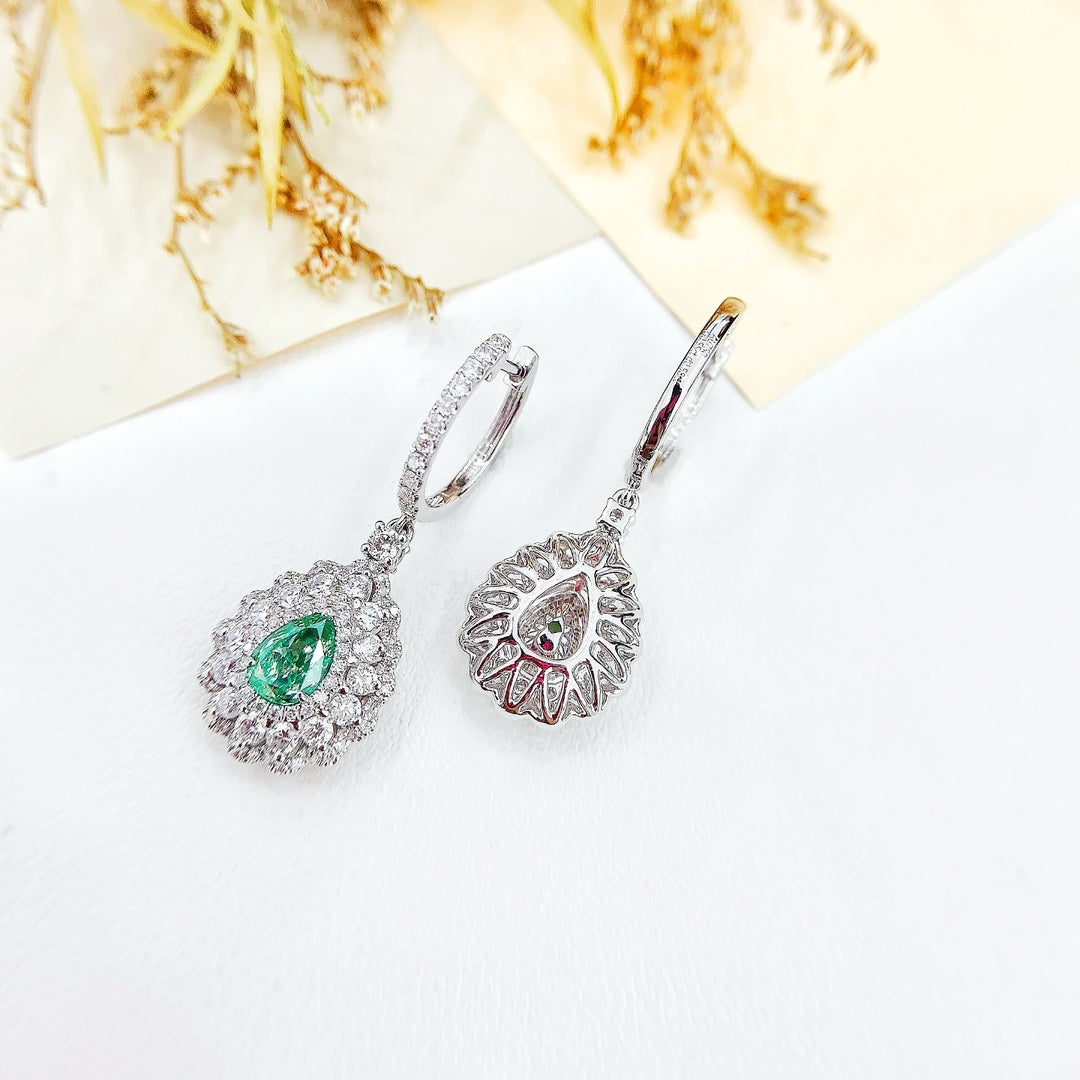 18K Gold Green Diamond Drop Earrings with Surrounding Diamonds - Luxury Jewelry Jeweler.Jewelry