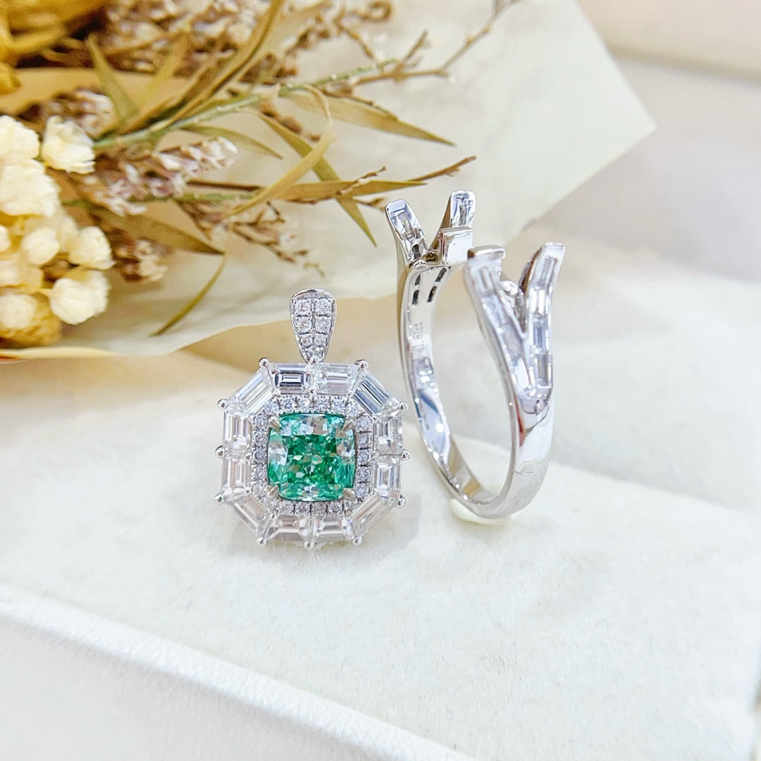 18K Gold Green Diamond GIA Cushion Cut Y-Arm Baguette Two-Way Wear Ring - GIA Green Diamond Ring