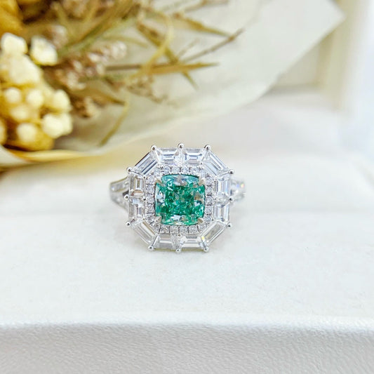 18K Gold Green Diamond GIA Cushion Cut Y-Arm Baguette Two-Way Wear Ring - GIA Green Diamond Ring