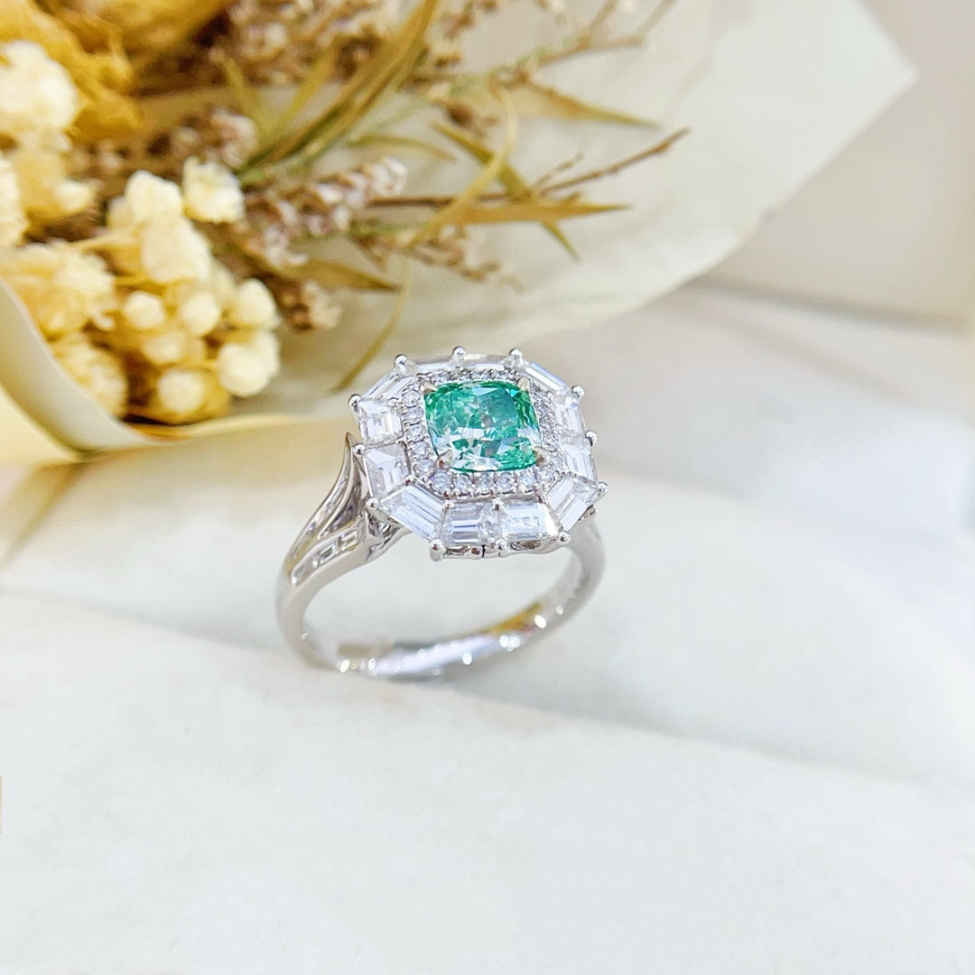 18K Gold Green Diamond GIA Cushion Cut Y-Arm Baguette Two-Way Wear Ring - GIA Green Diamond Ring