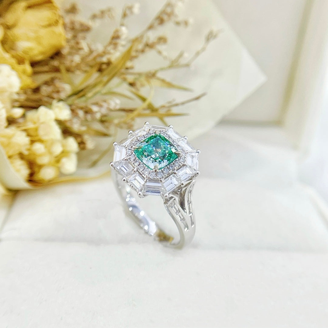 18K Gold Green Diamond GIA Cushion Cut Y-Arm Baguette Two-Way Wear Ring - GIA Green Diamond Ring