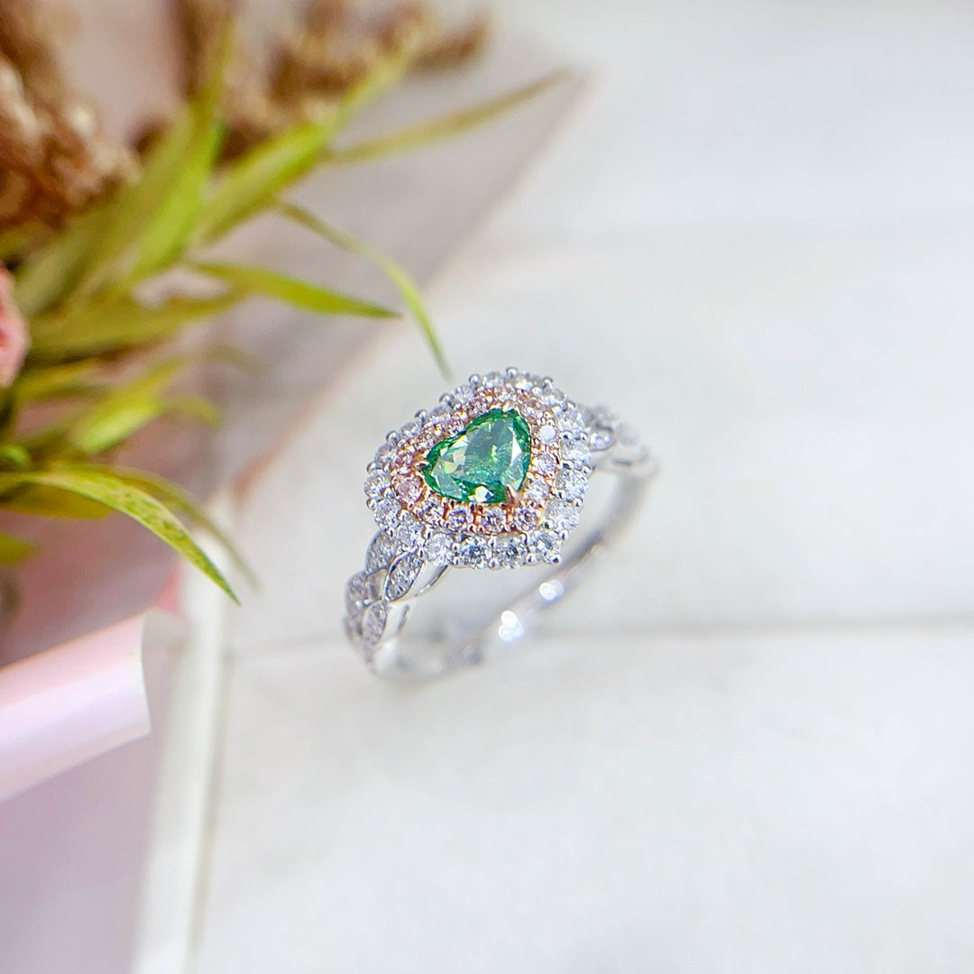 18K Gold Green Diamond Heart & Marquise Shape Arm Ring Jewelry - Green Diamond Ring