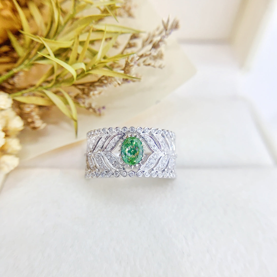 18K Gold Green Diamond Oval Leaf Ring - Luxury Jewelry - Green Diamond Ring