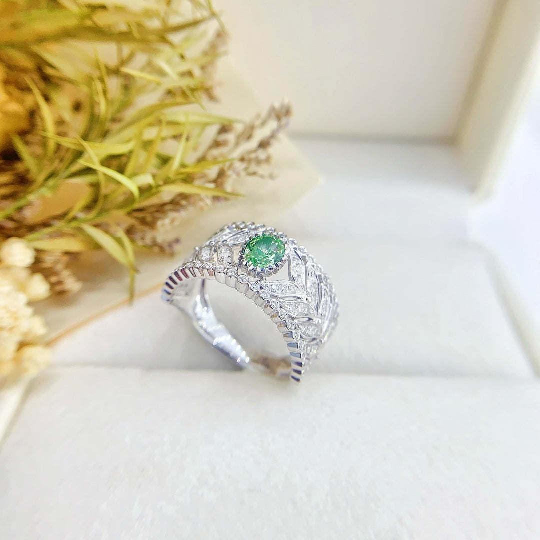 18K Gold Green Diamond Oval Leaf Ring - Luxury Jewelry - Green Diamond Ring