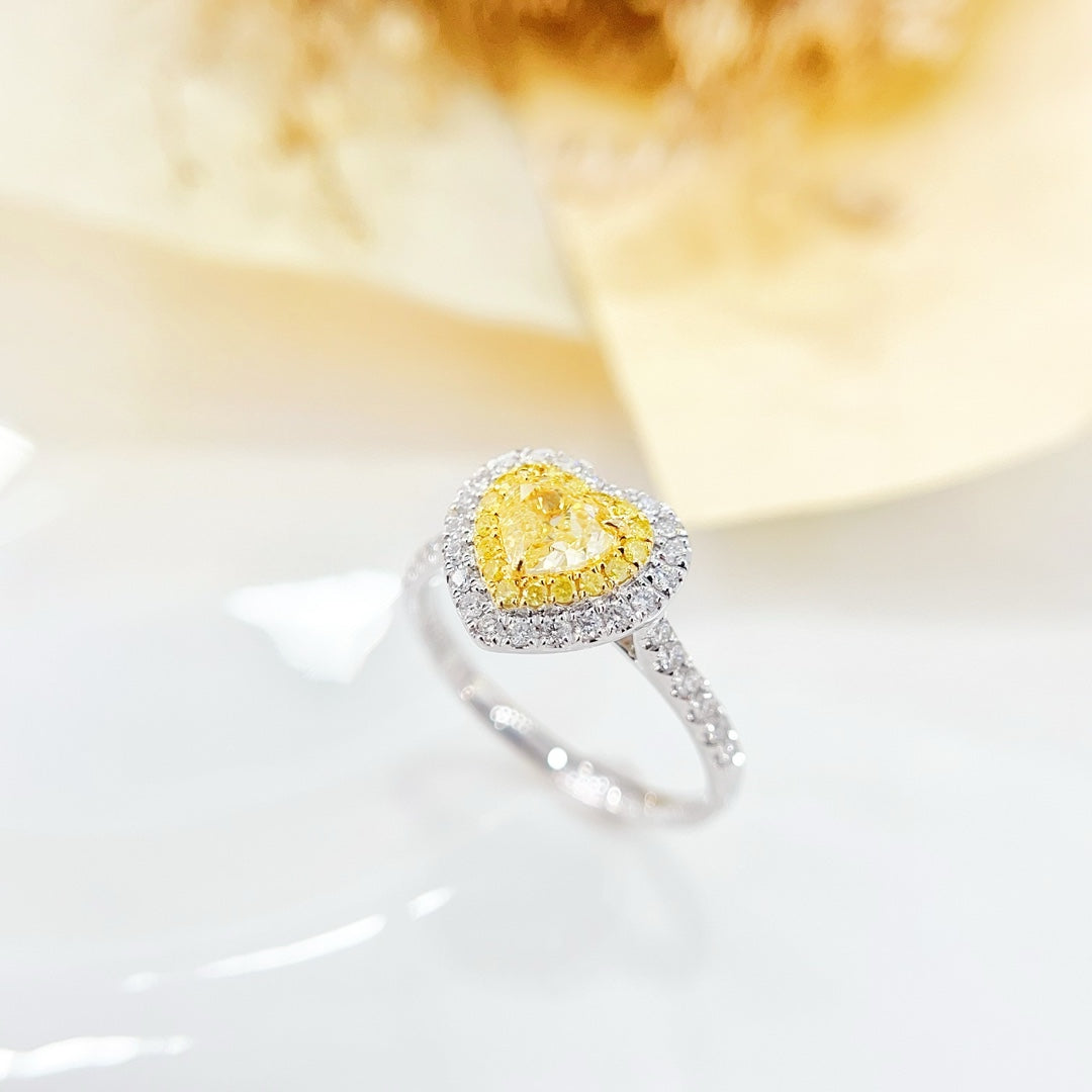 18K Gold Heart-shaped Diamond Ring with GIA Certificate - Premium Jewelry - GIA Yellow Diamond Ring