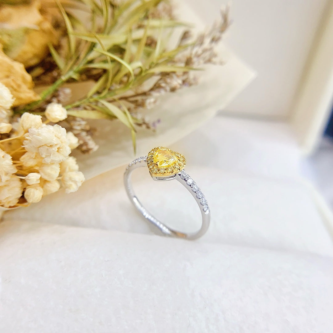 18K Gold Heart-Shaped Diamond Ring with Surrounding Diamonds - Luxury Jewelry - Yellow Diamond Ring