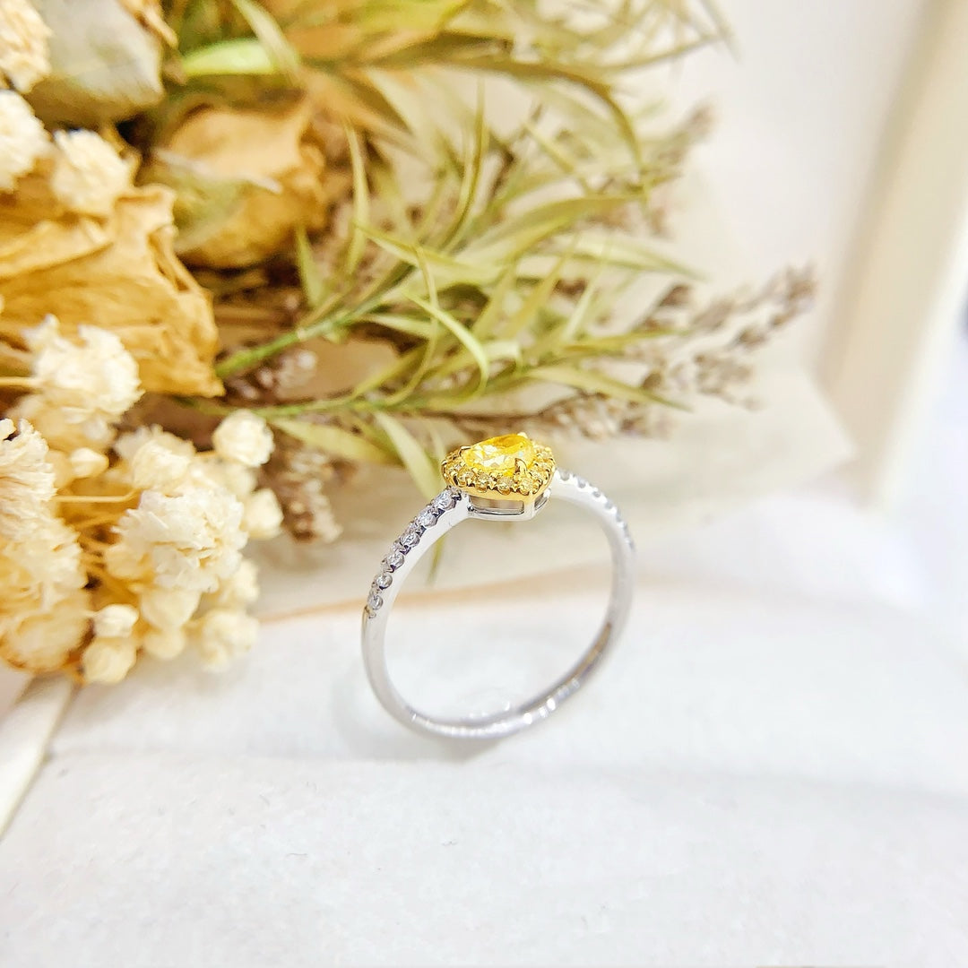 18K Gold Heart-Shaped Diamond Ring with Surrounding Diamonds - Luxury Jewelry - Yellow Diamond Ring