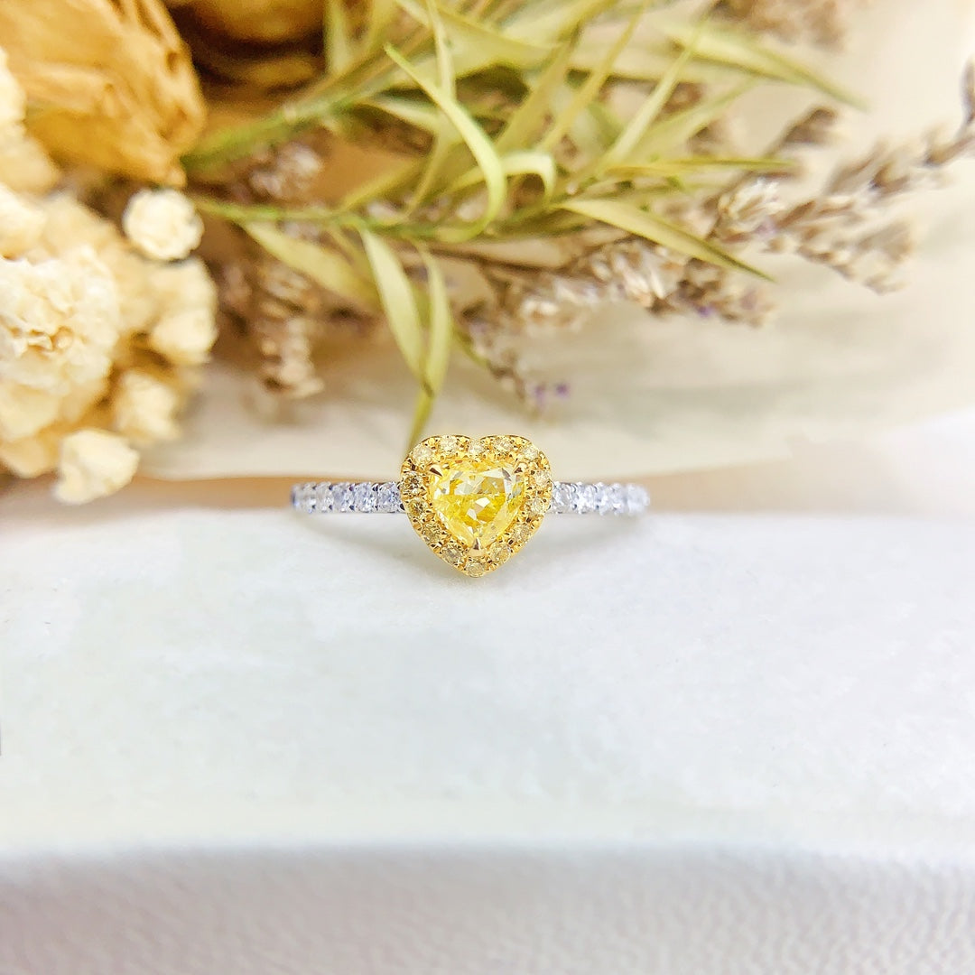 18K Gold Heart-Shaped Diamond Ring with Surrounding Diamonds - Luxury Jewelry - Yellow Diamond Ring