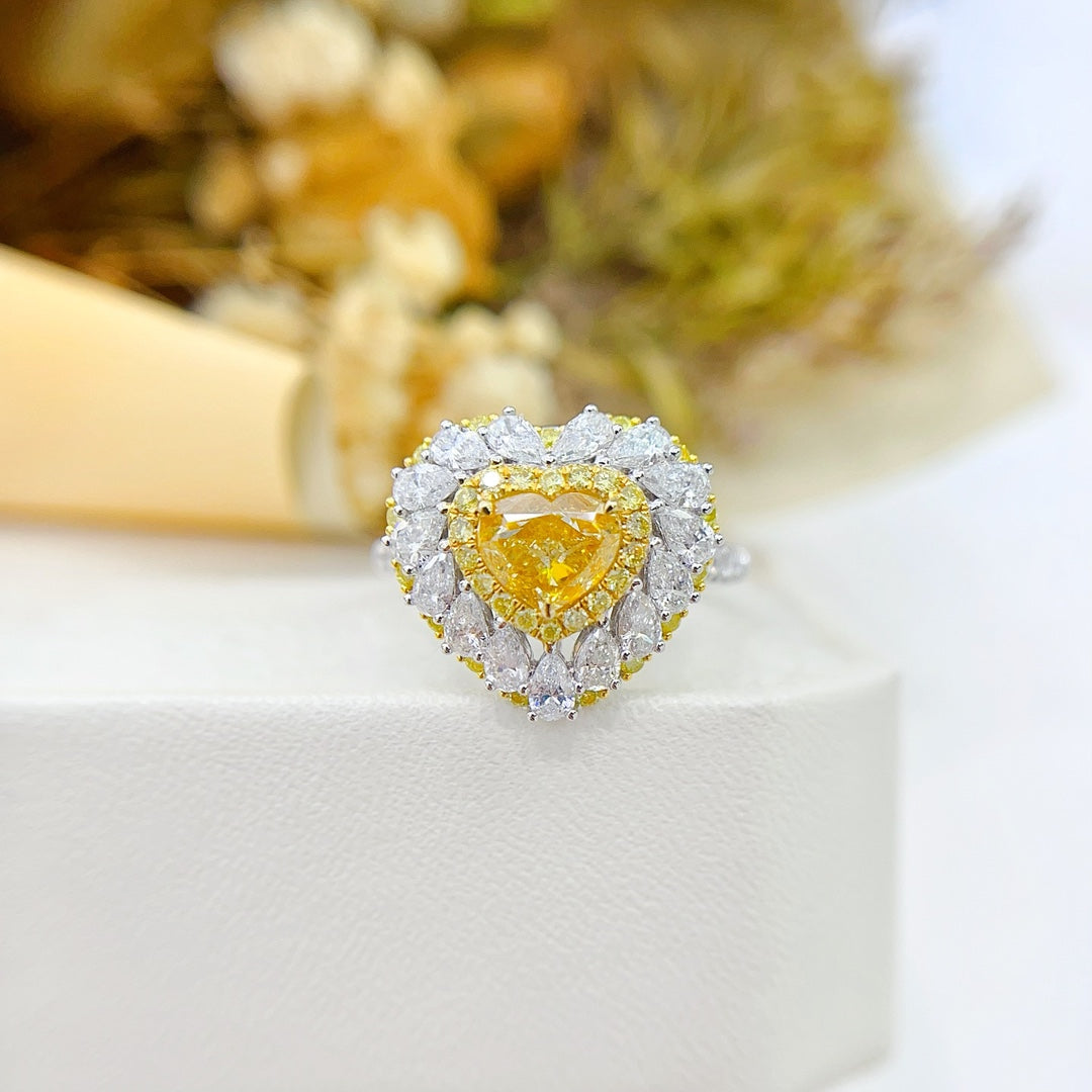 18K Gold Heart-Shaped Diamond Ring with Teardrop Centerpiece - Premium Jewelry - Yellow Diamond Ring