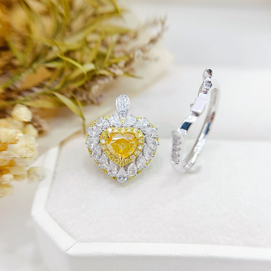 18K Gold Heart-Shaped Diamond Ring with Teardrop Centerpiece - Premium Jewelry - Yellow Diamond Ring