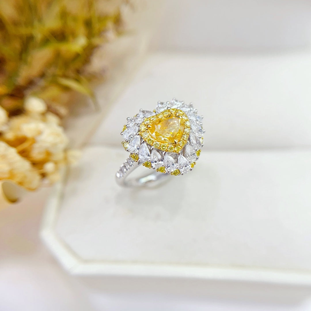 18K Gold Heart-Shaped Diamond Ring with Teardrop Centerpiece - Premium Jewelry - Yellow Diamond Ring