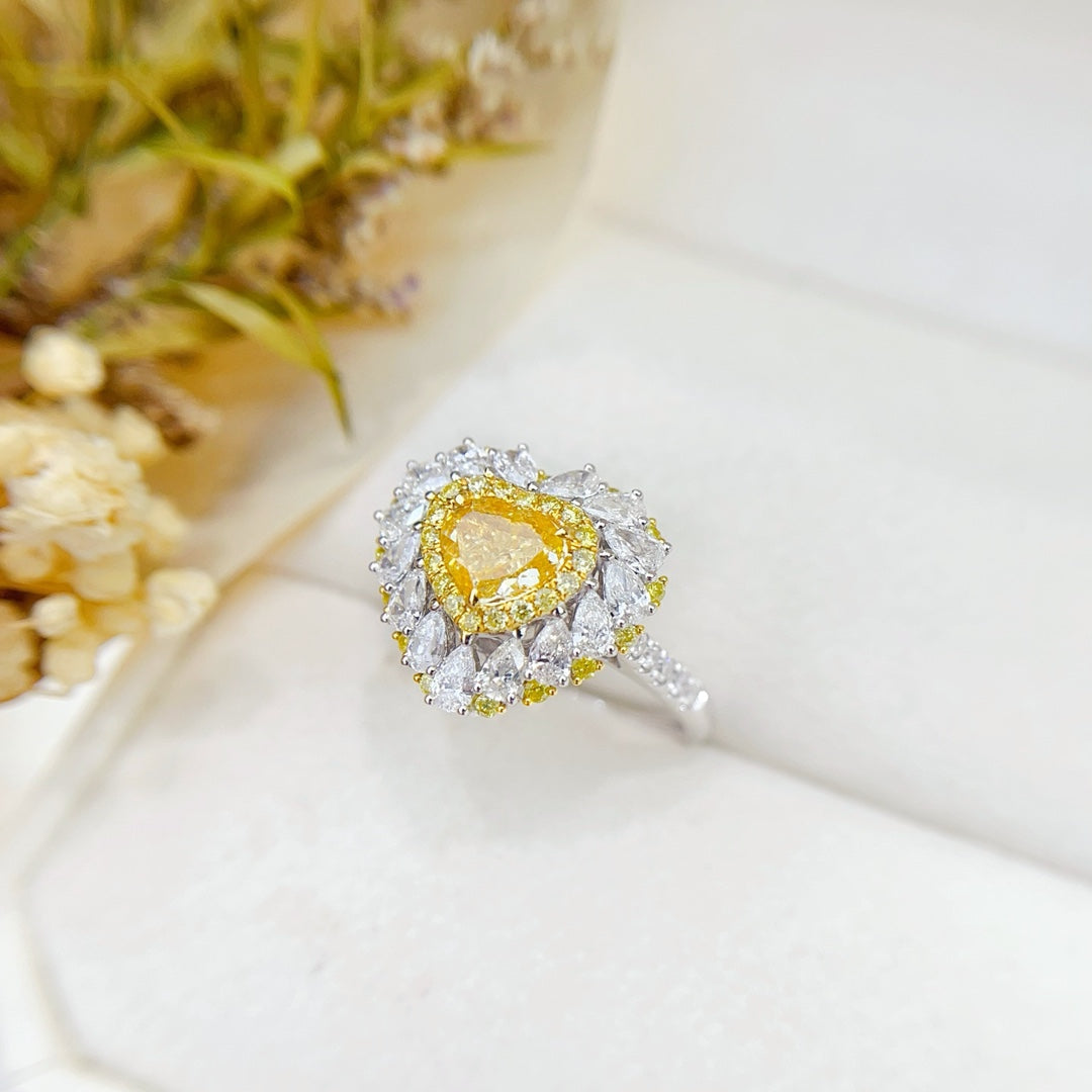 18K Gold Heart-Shaped Diamond Ring with Teardrop Centerpiece - Premium Jewelry - Yellow Diamond Ring