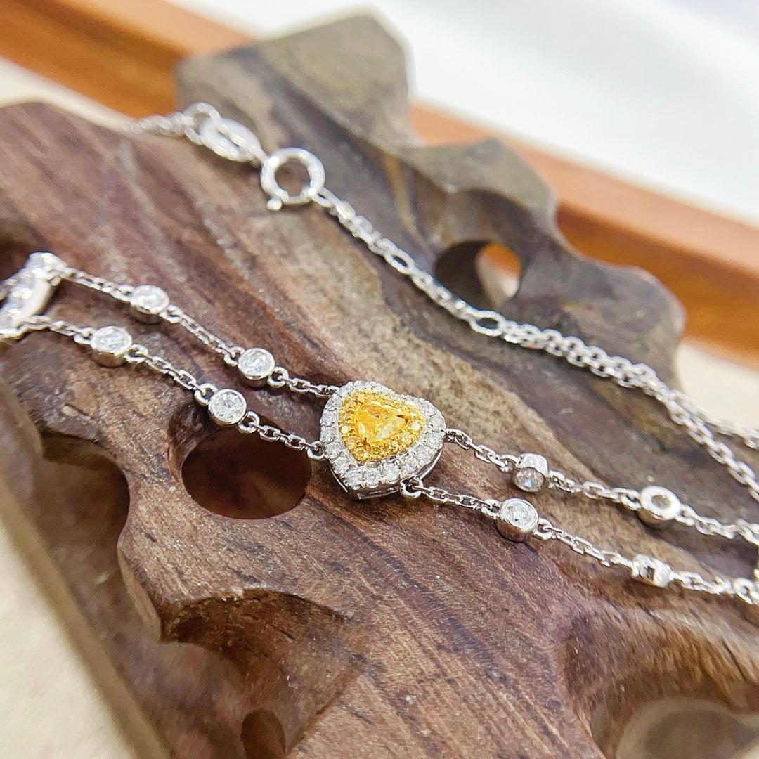 18K Gold Heart-Shaped Double Chain Bubble Bracelet with Diamonds - Luxurious Jewelry - Yellow Diamond Bracelet