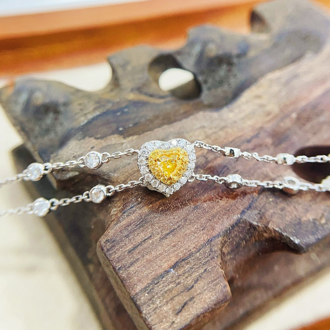 18K Gold Heart-Shaped Double Chain Bubble Bracelet with Diamonds - Luxurious Jewelry - Yellow Diamond Bracelet