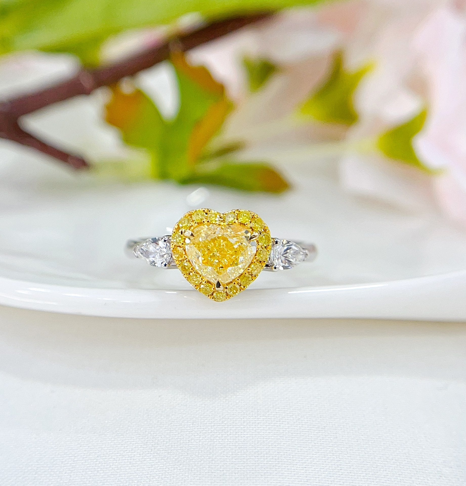 18K Gold Heart-shaped Double Drop Diamond Ring with GIA Certificate - Luxury Jewelry - GIA Yellow Diamond Ring