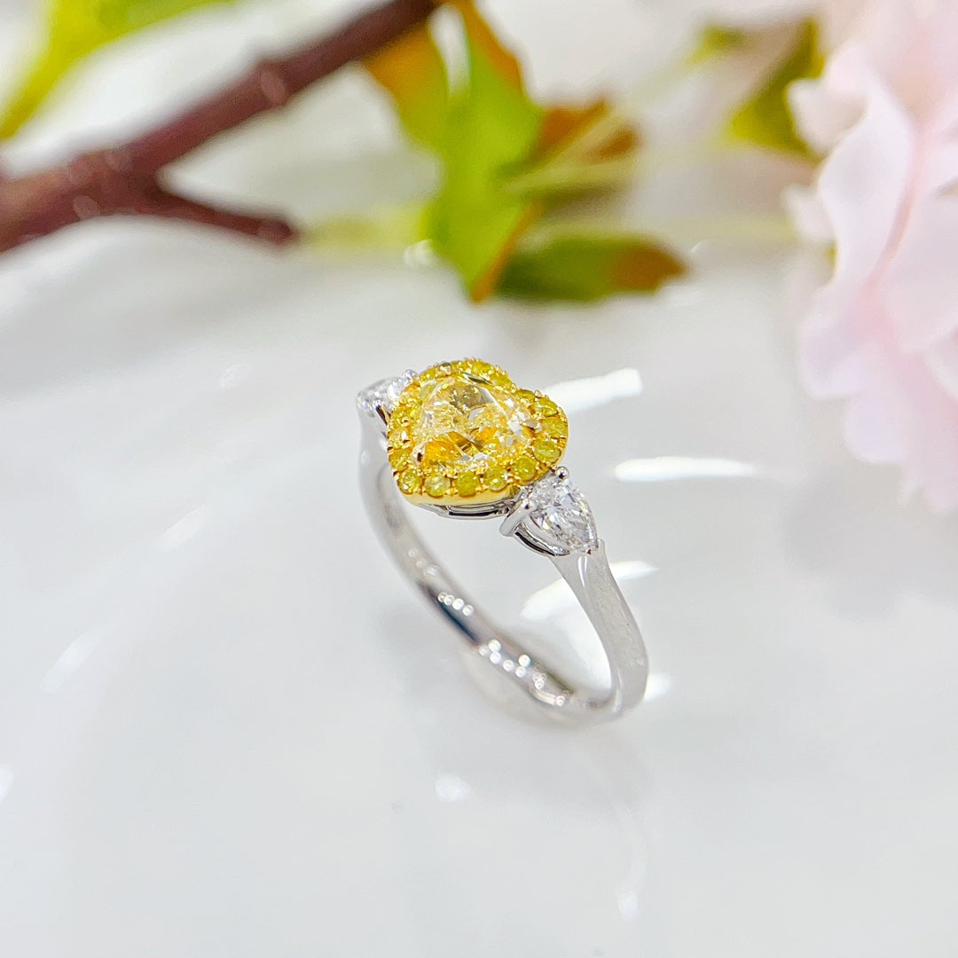 18K Gold Heart-shaped Double Drop Diamond Ring with GIA Certificate - Luxury Jewelry - GIA Yellow Diamond Ring