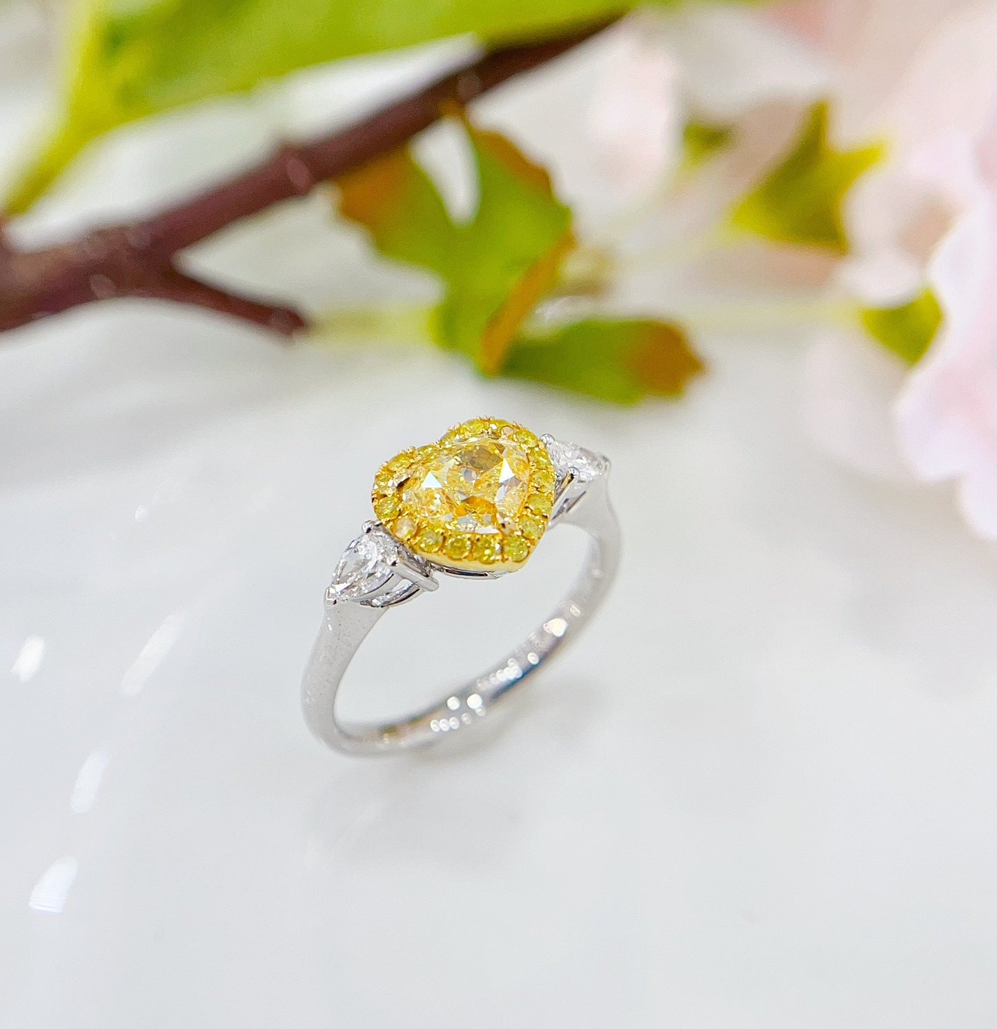 18K Gold Heart-shaped Double Drop Diamond Ring with GIA Certificate - Luxury Jewelry - GIA Yellow Diamond Ring