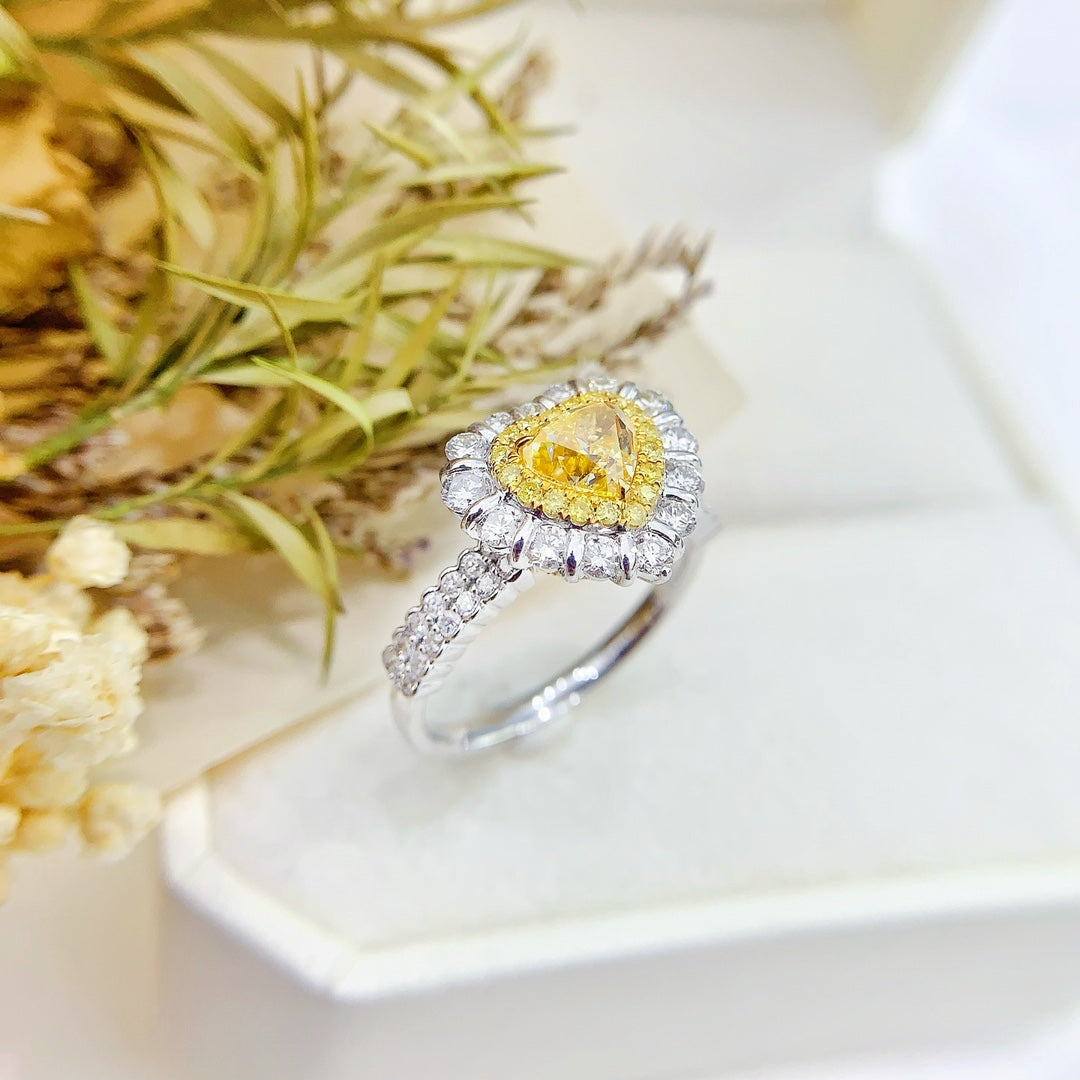 18K Gold Heart-Shaped Double-Row Diamond Ring with AGL Certificate - Luxury Jewelry - Yellow Diamond Ring