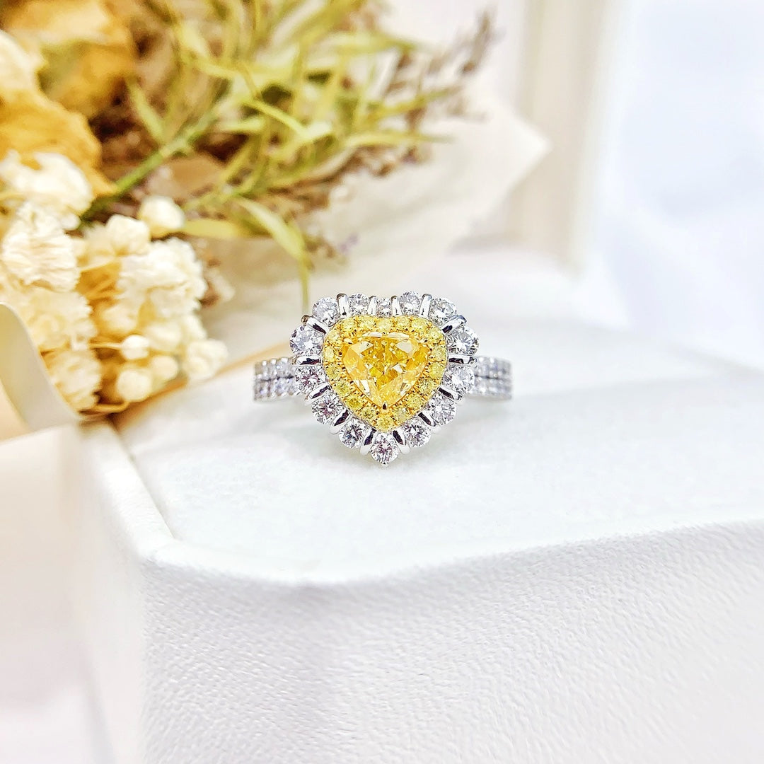 18K Gold Heart-Shaped Double-Row Diamond Ring with AGL Certificate - Luxury Jewelry - Yellow Diamond Ring