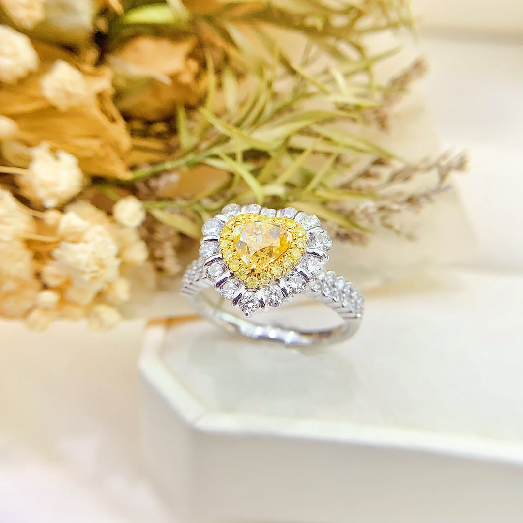 18K Gold Heart-Shaped Double-Row Diamond Ring with AGL Certificate - Luxury Jewelry - Yellow Diamond Ring