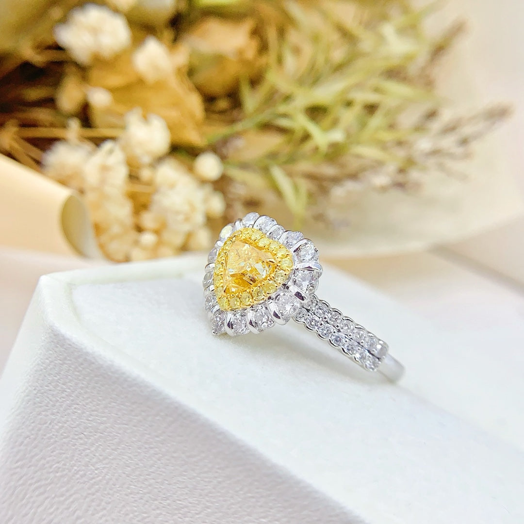 18K Gold Heart-Shaped Double-Row Diamond Ring with AGL Certificate - Luxury Jewelry - Yellow Diamond Ring