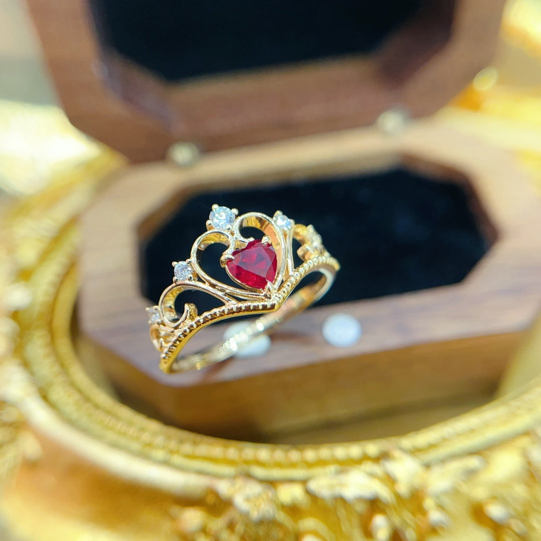 18K Gold Heart-Shaped Ruby Crown Ring - Premium Jewelry - Red Treasure Ring