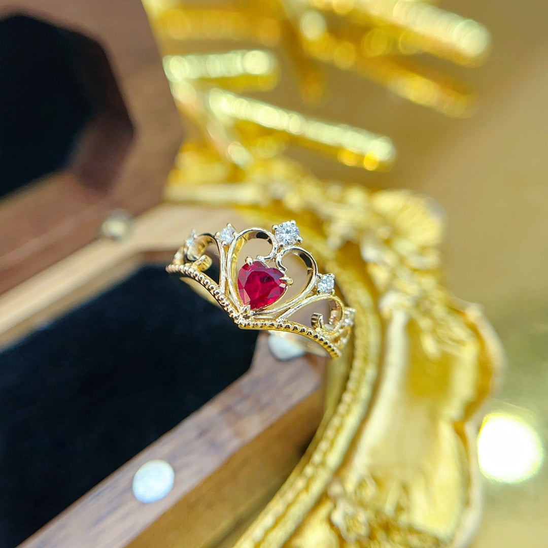 18K Gold Heart-Shaped Ruby Crown Ring - Premium Jewelry - Red Treasure Ring