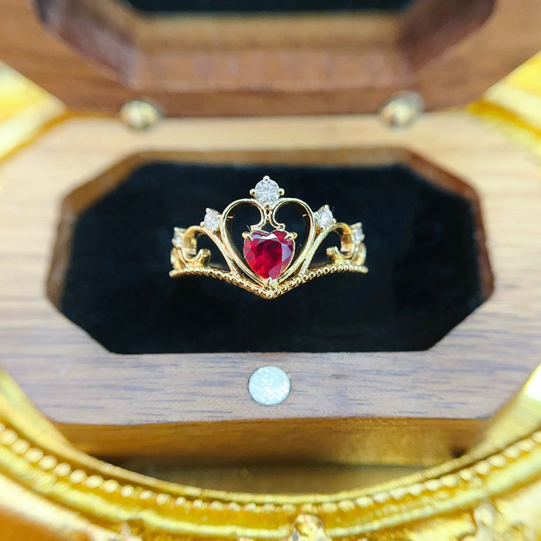 18K Gold Heart-Shaped Ruby Crown Ring - Premium Jewelry - Red Treasure Ring