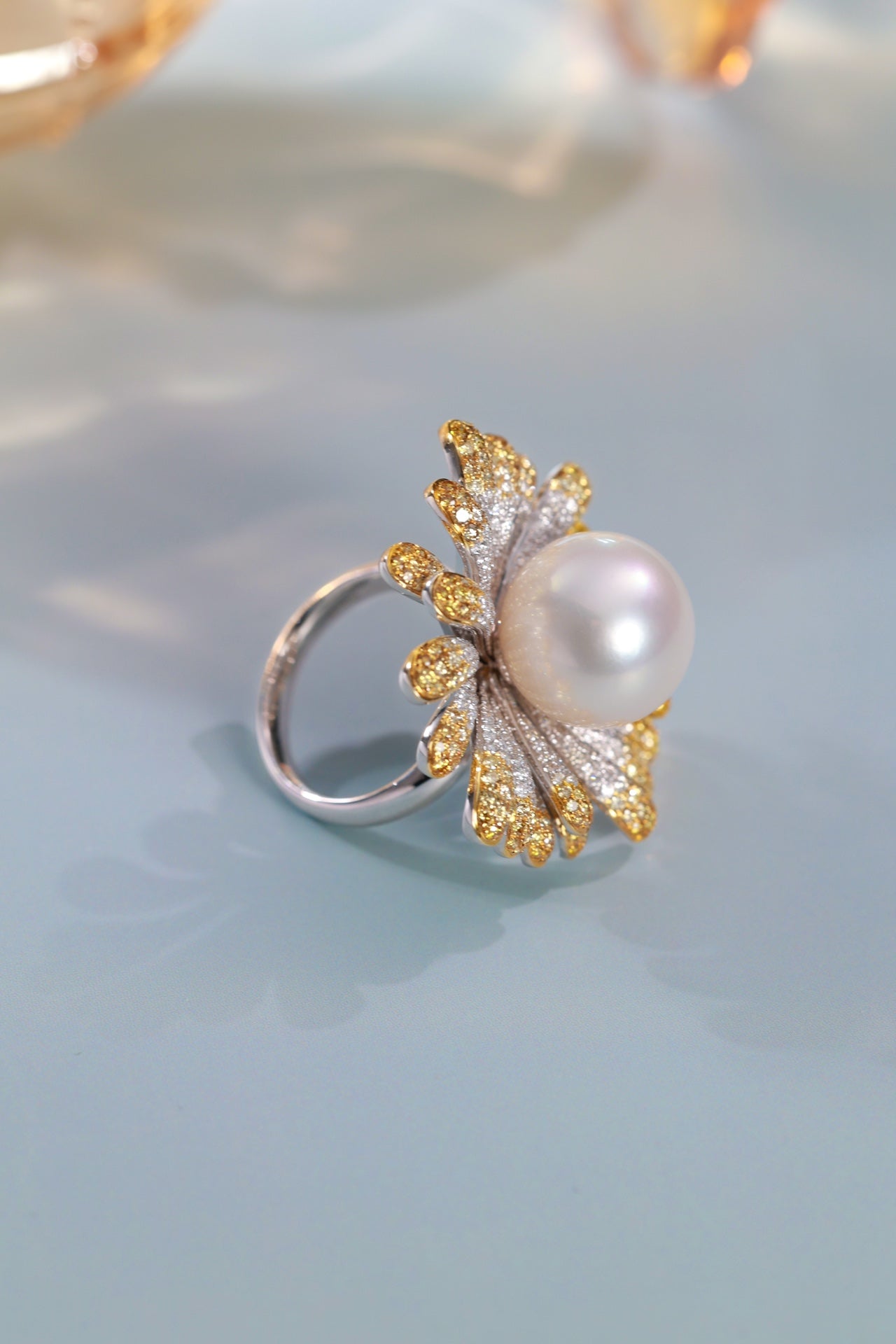 18k Gold Pearl and Diamond Fireworks Ring | Exquisite Jewelry - Pearl Ring